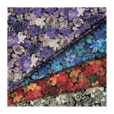 Color de stock listo Tejido de brocado de lujo de 260 gramos Jacquard Metálico 100% poliéster