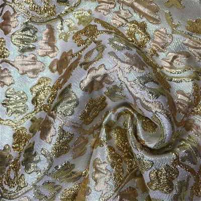 Color de stock listo Tejido de brocado de lujo de 260 gramos Jacquard Metálico 100% poliéster